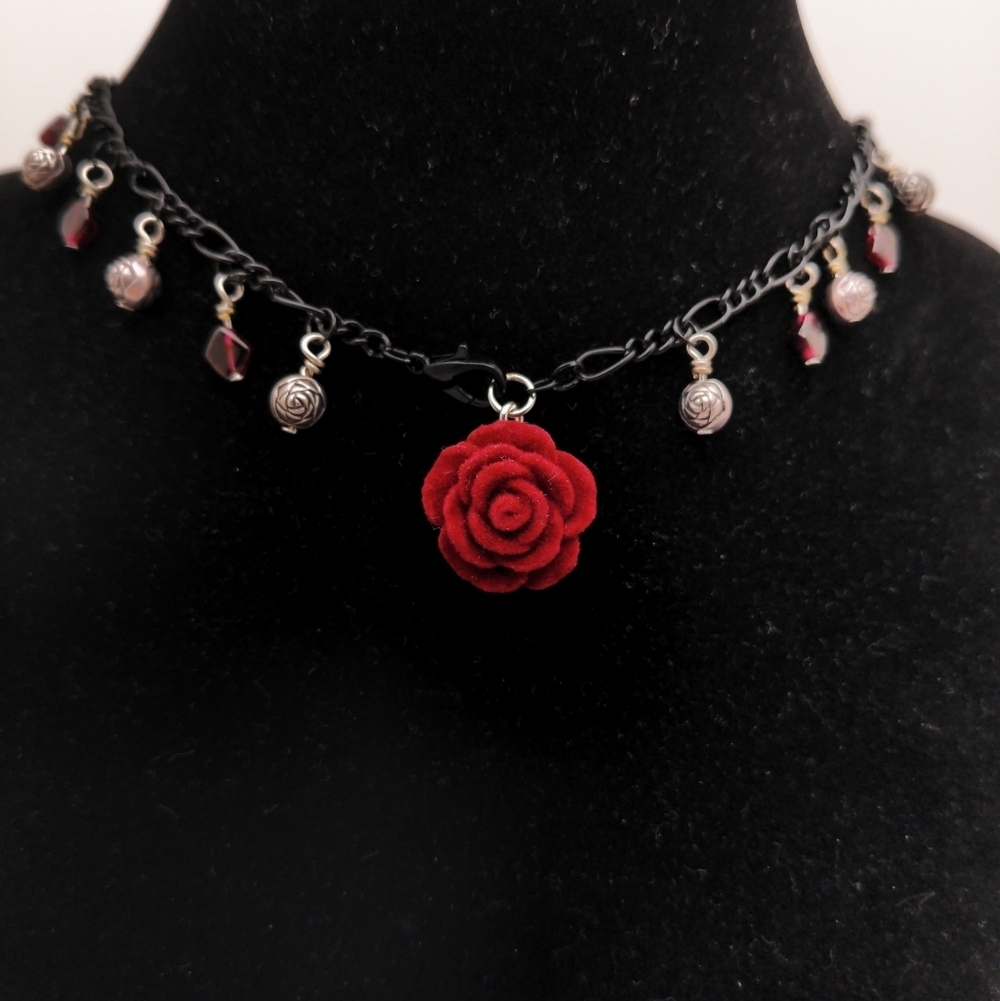 381MIDALANE Black Chain Choker with Garnet and Rose Accents - Picture 7 of 16